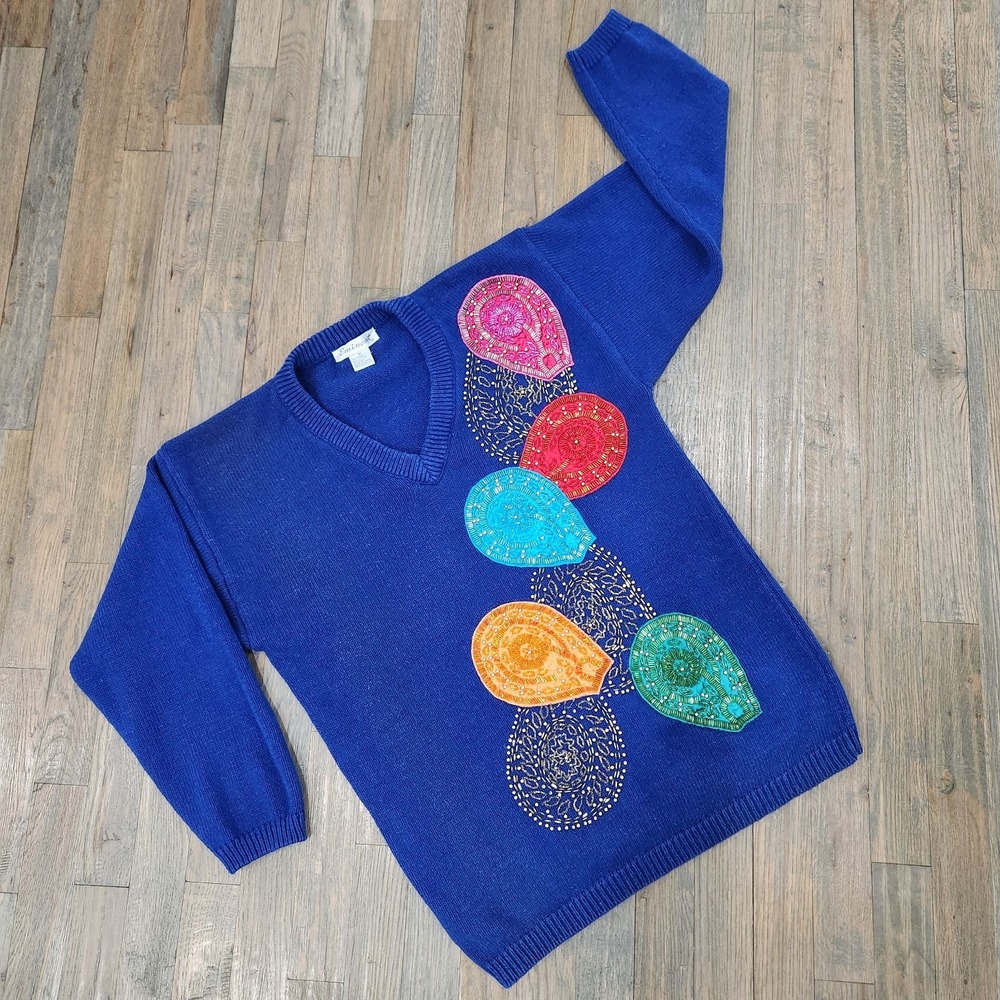 VTG‎ Eminent Sweater Medium Sequins Christmas Balloons Ramie Cotton Embellished - Picture 10 of 10